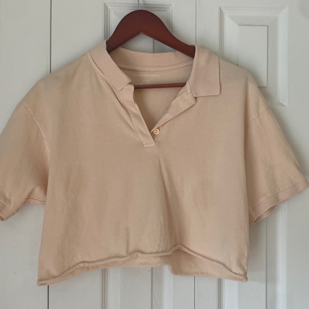 American Eagle, cropped peach collared tee, size s